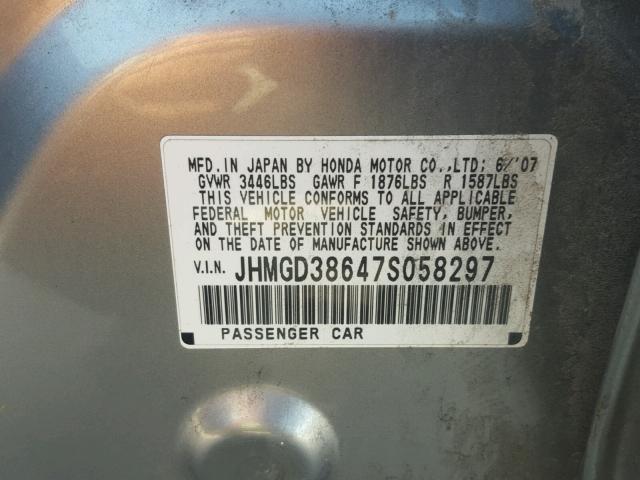 JHMGD38647S058297 - 2007 HONDA FIT S GRAY photo 10