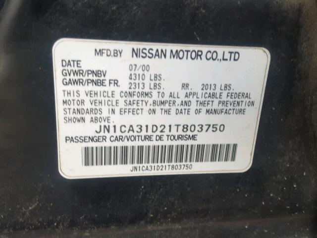 JN1CA31D21T803750 - 2001 NISSAN MAXIMA GXE BLACK photo 10