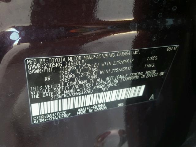 2T3RFREVXHW648760 - 2017 TOYOTA RAV4 XLE MAROON photo 10