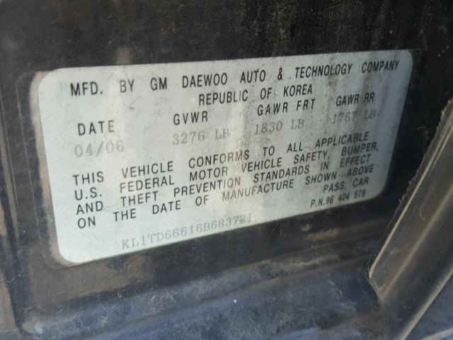 KL1TD66616B683721 - 2006 CHEVROLET AVEO BASE Czarny zdjęcie 10