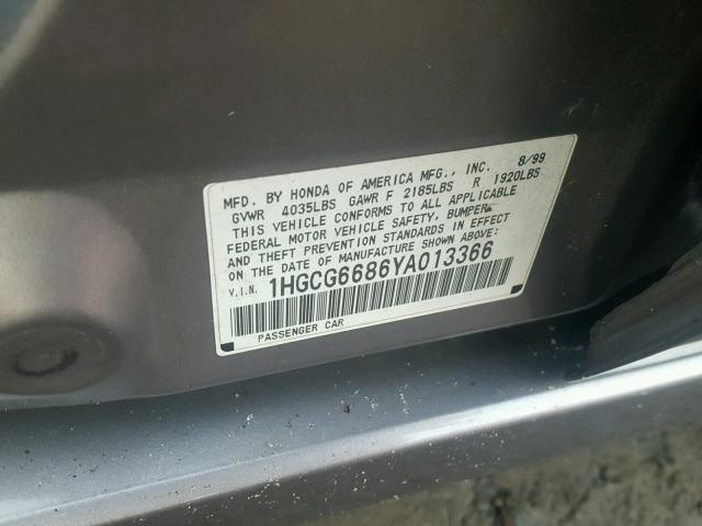 1HGCG6686YA013366 - 2000 HONDA ACCORD EX GRAY photo 10