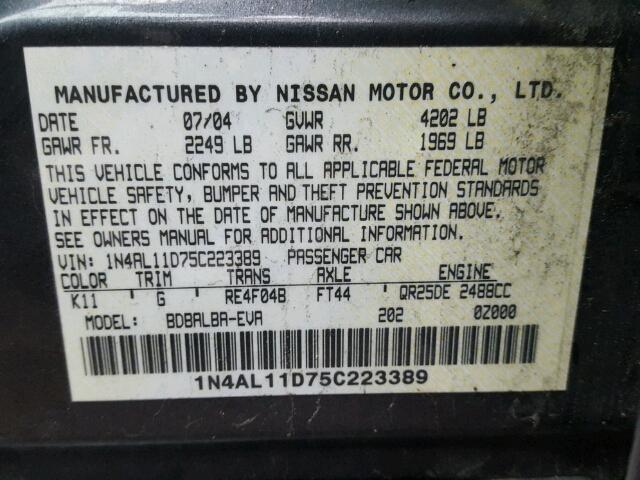 1N4AL11D75C223389 - 2005 NISSAN ALTIMA S GRAY photo 10