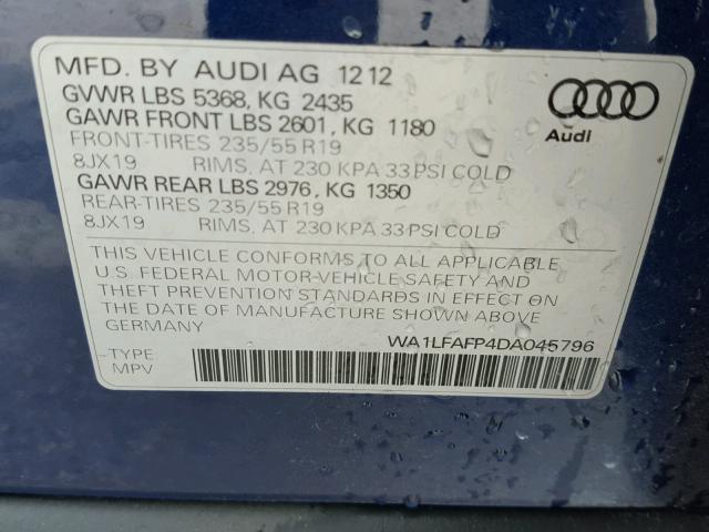 WA1LFAFP4DA045796 - 2013 AUDI Q5 PREMIUM BLUE photo 10