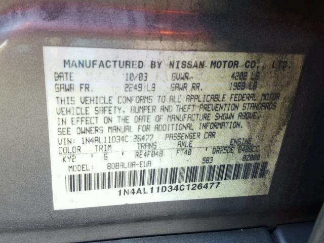 1N4AL11D34C126477 - 2004 NISSAN ALTIMA BAS GRAY photo 10