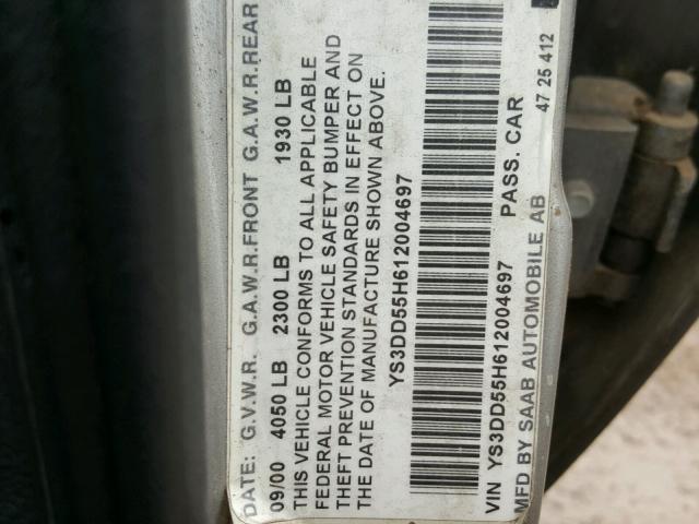 YS3DD55H612004697 - 2001 SAAB 9-3 GRAY photo 10