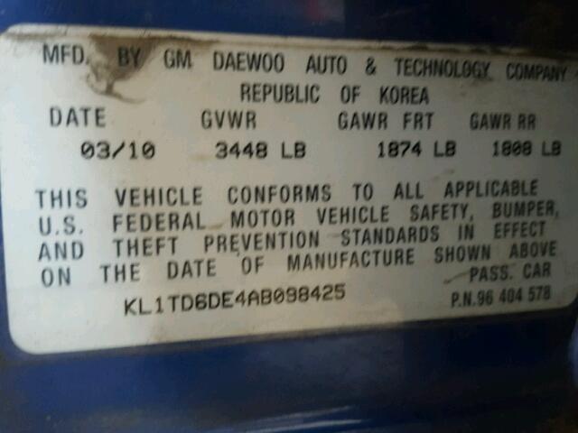 KL1TD6DE4AB098425 - 2010 CHEVROLET AVEO LS/LT 蓝色 照片 10