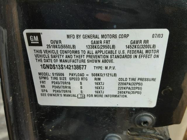 1GNDS13S142138677 - 2004 CHEVROLET TRAILBLAZE GRAY photo 10