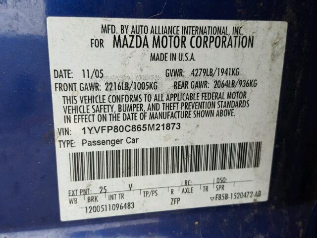 1YVFP80C865M21873 - 2006 MAZDA 6 I BLUE photo 10