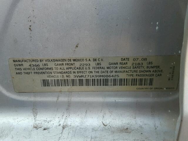 3VWRZ71K99M006425 - 2009 VOLKSWAGEN JETTA SE 银色 照片 10