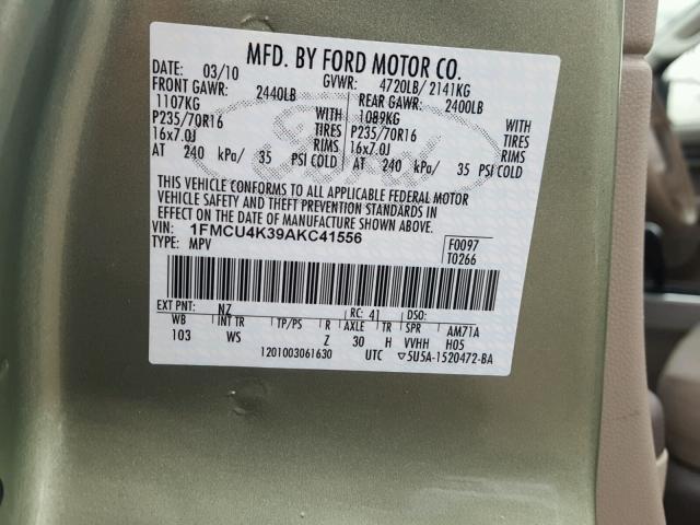 1FMCU4K39AKC41556 - 2010 FORD ESCAPE HYB GREEN photo 10