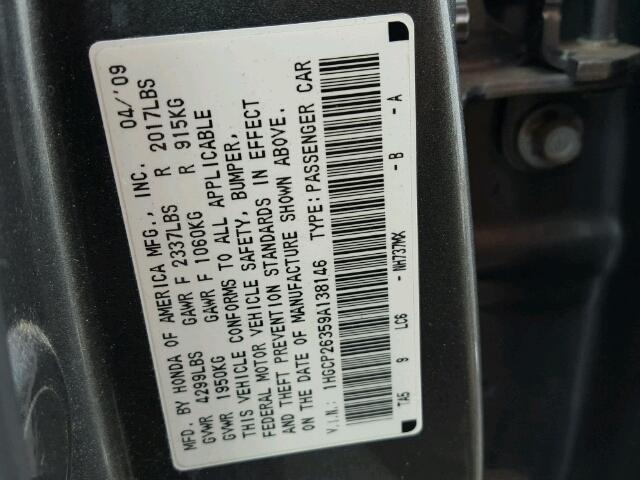 1HGCP26359A138146 - 2009 HONDA ACCORD LX GRAY photo 10