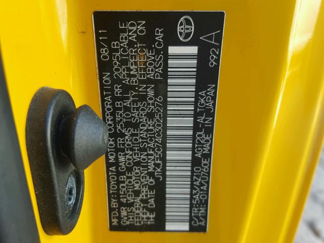 JTKJF5C74C3025276 - 2012 TOYOTA SCION TC YELLOW photo 10