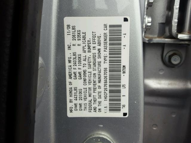 1HGCP26769A067056 - 2009 HONDA ACCORD EX SILVER photo 10