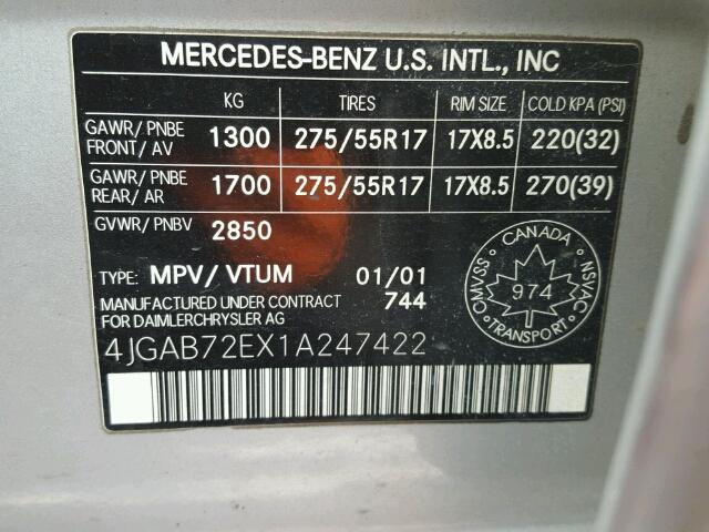 4JGAB72EX1A247422 - 2001 MERCEDES-BENZ ML 430 SILVER photo 10