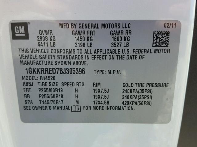 1GKKRRED7BJ305396 - 2011 GMC ACADIA SLT თეთრი ფოტო 10