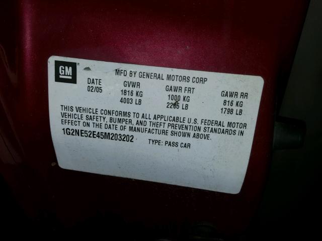1G2NE52E45M203202 - 2005 PONTIAC GRAND AM S მუქწითელი ფოტო 10
