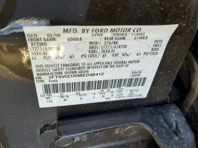 1FTSW21R98ED48412 - 2008 FORD F250 SUPER CHARCOAL photo 10