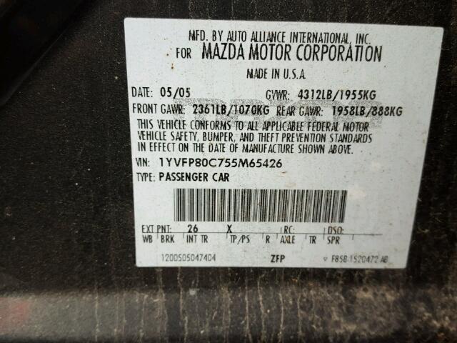 1YVFP80C755M65426 - 2005 MAZDA 6 I GRAY photo 10