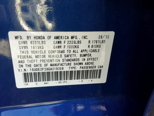 19UDE2F39GA019359 - 2016 ACURA ILX BASE BLUE photo 10