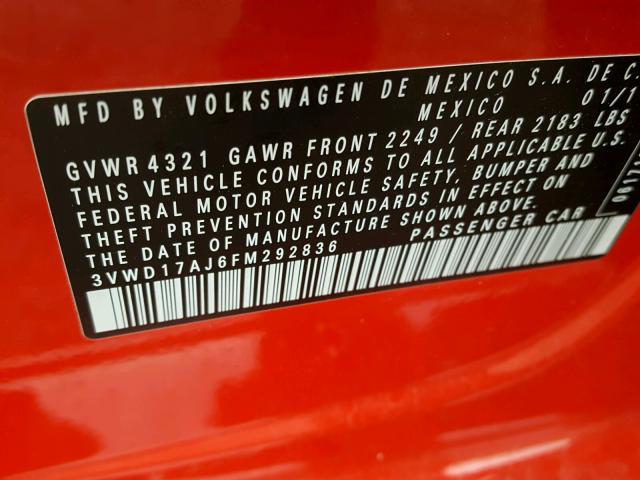 3VWD17AJ6FM292836 - 2015 VOLKSWAGEN JETTA SE RED photo 10