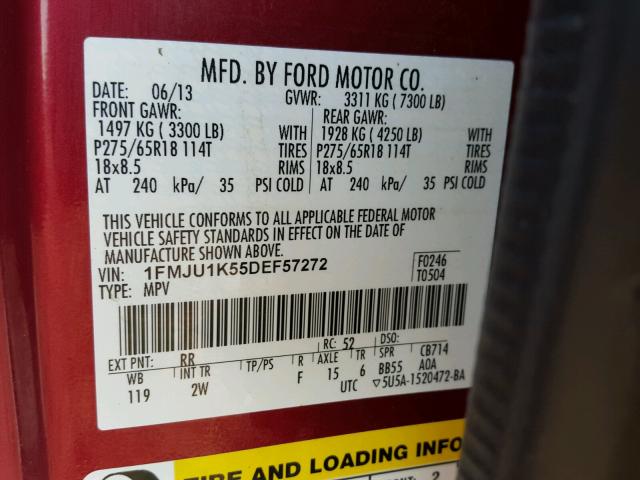 1FMJU1K55DEF57272 - 2013 FORD EXPEDITION RED photo 10