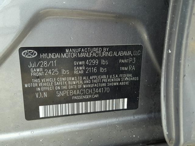 5NPEB4AC1CH344170 - 2012 HYUNDAI SONATA GLS GRAY photo 10