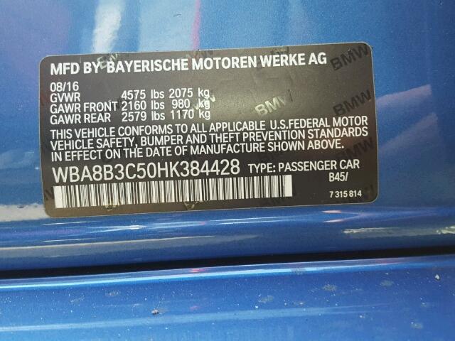 WBA8B3C50HK384428 - 2017 BMW 340 I BLUE photo 10