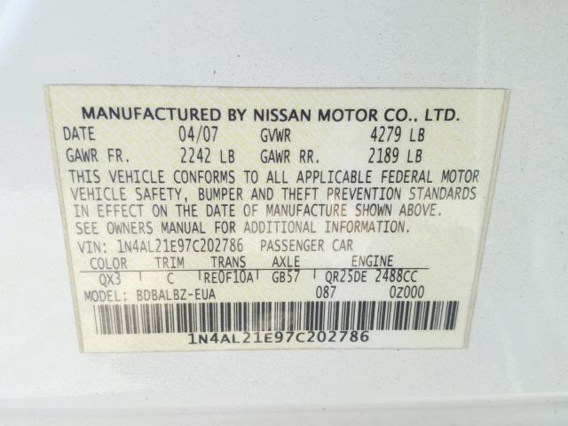 1N4AL21E97C202786 - 2007 NISSAN ALTIMA 2.5 WHITE photo 10