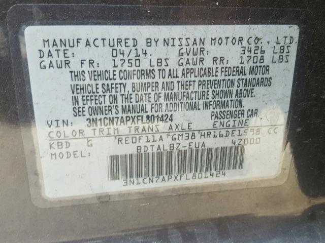 3N1CN7APXFL801424 - 2015 NISSAN VERSA S GRAY photo 10