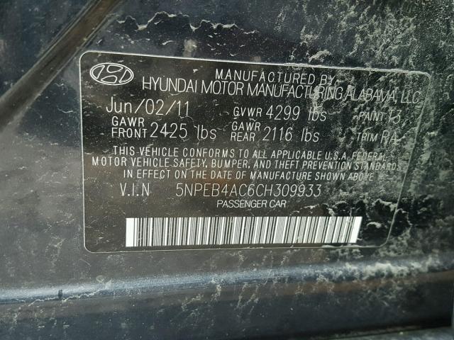 5NPEB4AC6CH309933 - 2012 HYUNDAI SONATA GLS BLUE photo 10