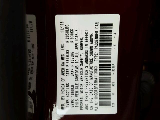 1HGCR2F53HA113563 - 2017 HONDA ACCORD SPO MAROON photo 10