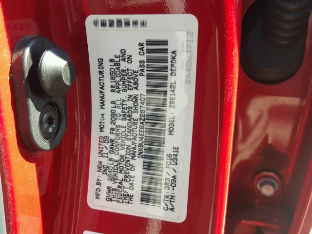 1NXBU4EE6AZ287407 - 2010 TOYOTA COROLLA BA RED photo 10