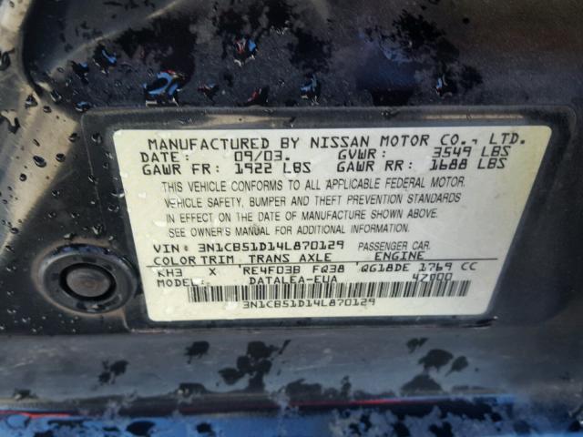 3N1CB51D14L870129 - 2004 NISSAN SENTRA 1.8 BLACK photo 10