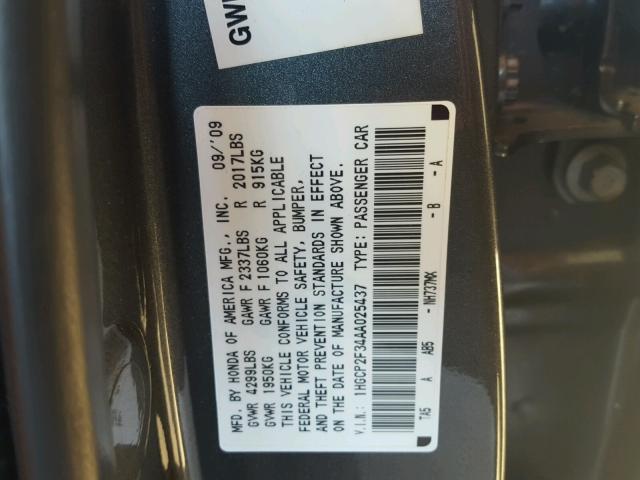 1HGCP2F34AA025437 - 2010 HONDA ACCORD LX GRAY photo 10