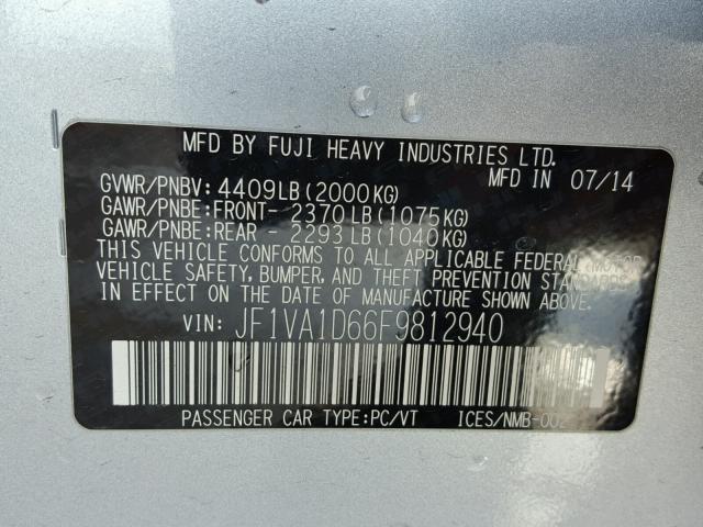 JF1VA1D66F9812940 - 2015 SUBARU WRX PREMIU SILVER photo 10