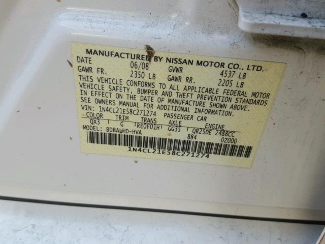 1N4CL21E58C271274 - 2008 NISSAN ALTIMA HYB WHITE photo 10