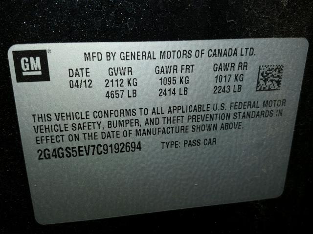 2G4GS5EV7C9192694 - 2012 BUICK REGAL PREM BLACK photo 10