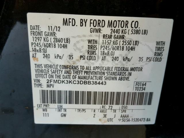 2FMDK3KC3DBB38443 - 2013 FORD EDGE LIMIT BLACK photo 10