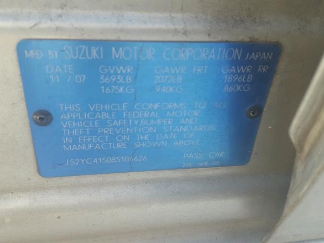 JS2YC415085106626 - 2008 SUZUKI SX4 CONVEN SILVER photo 10