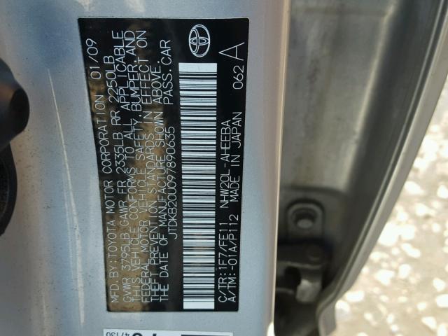 JTDKB20U097890635 - 2009 TOYOTA PRIUS SILVER photo 10