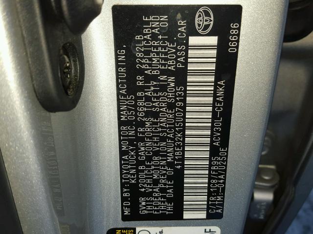 4T1BE32K15U079135 - 2005 TOYOTA CAMRY LE 银色 照片 10