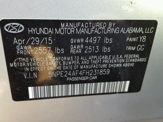 5NPE24AF4FH231859 - 2015 HYUNDAI SONATA SE SILVER photo 10