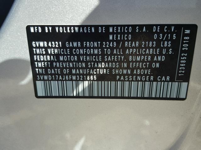 3VWD17AJ6FM321865 - 2015 VOLKSWAGEN JETTA SE فضي صورة 10