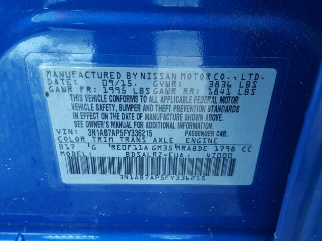 3N1AB7AP5FY336215 - 2015 NISSAN SENTRA S BLUE photo 10