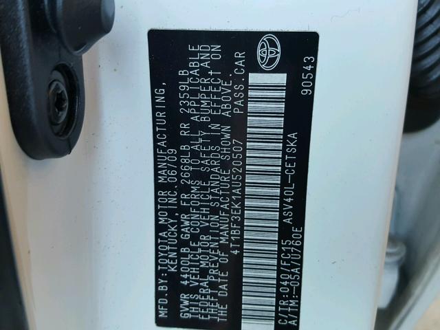 4T1BF3EK1AU520507 - 2010 TOYOTA CAMRY BASE WHITE photo 10