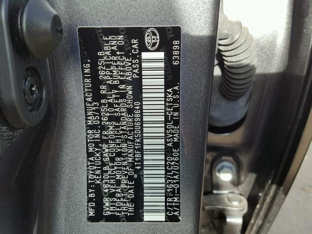 4T1BF1FK5DU698640 - 2013 TOYOTA CAMRY L GRAY photo 10