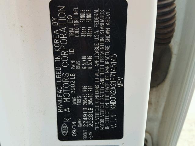 KNDJN2A21F7145145 - 2015 KIA SOUL WHITE photo 10