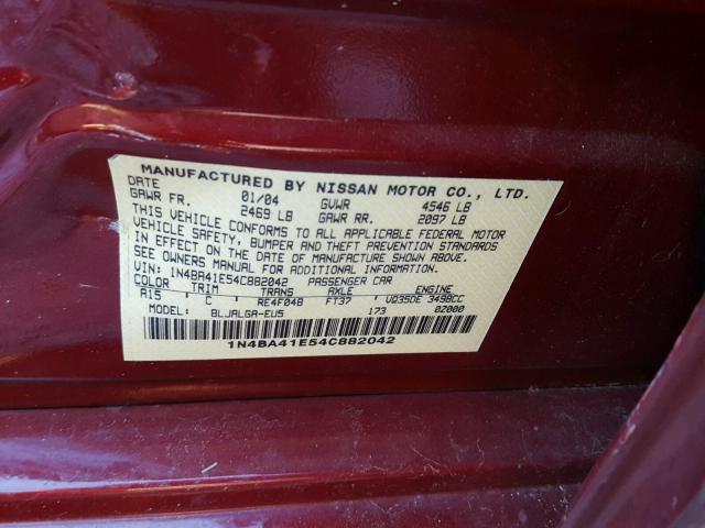 1N4BA41E54C882042 - 2004 NISSAN MAXIMA SE RED photo 10