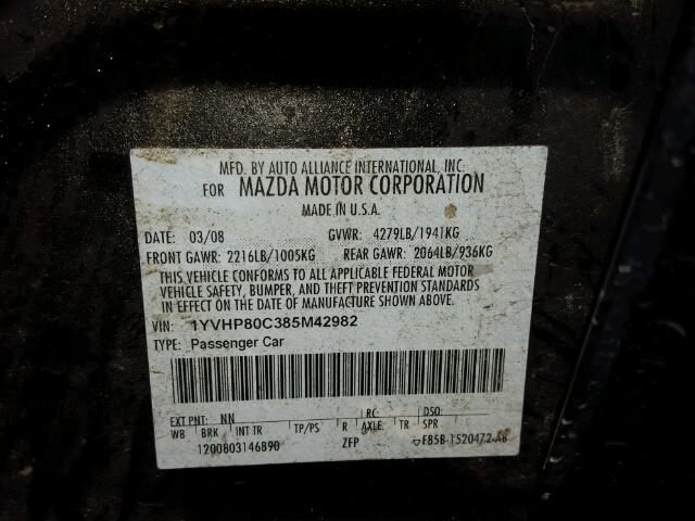 1YVHP80C385M42982 - 2008 MAZDA 6 I BLACK photo 10