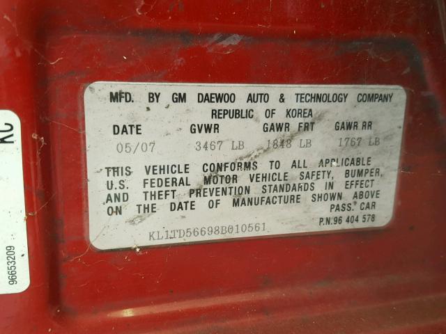 KL1TD56698B010561 - 2008 CHEVROLET AVEO BASE Қызыл фото 10